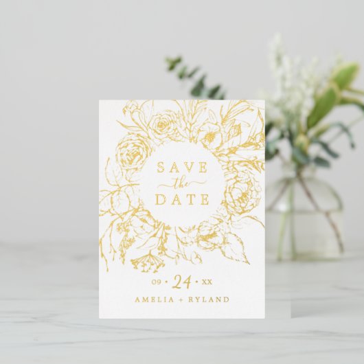 Gilded Floral | Gold Foil Save the Date Folie Uitnodiging Briefkaart (Staand Voorkant)