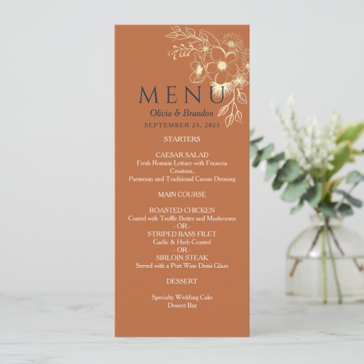 Gilded Floral Gold Wedding Menu (Staand voorkant)