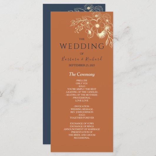 Gilded Floral Gold Wedding Programme Programmakaart (Voorkant / Achterkant)