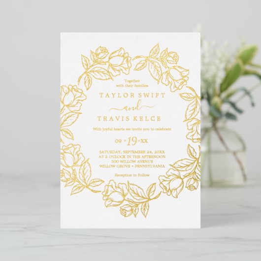 Gilded Floral | Gouden bruidsbruiloft Folie Uitnodiging (Staand Voorkant)
