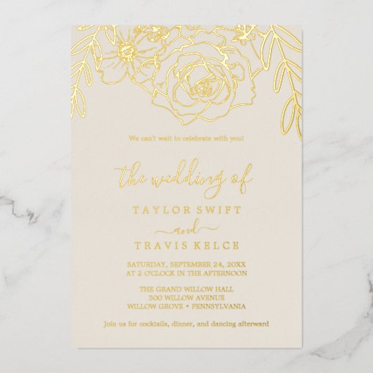 Gilded Floral | Gouden bruidsbruiloft Folie Uitnodiging (Voorkant)