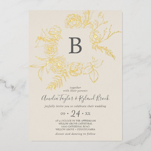 Gilded Floral | Gouden bruinkoolmonogram Folie Uitnodiging (Voorkant)