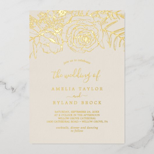 Gilded Floral | Gouden olievierde bruiloft Folie Uitnodiging (Voorkant)