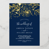 Gilded Floral | Goudolie marineblauw Het huwelijk Folie Uitnodiging (Voorkant)