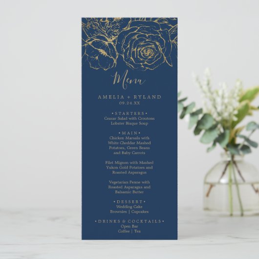 Gilded Floral | Menu Navy and Gold Wedding (Staand voorkant)