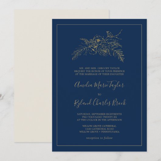 Gilded Floral | Navy Blue en Gold Formal Wedding Kaart (Voorkant / Achterkant)