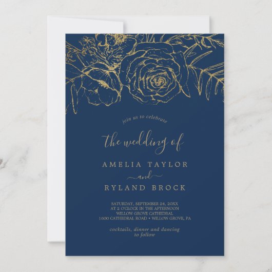 Gilded Floral | Navy Blue en Gold The Wedding of Kaart (Voorkant)