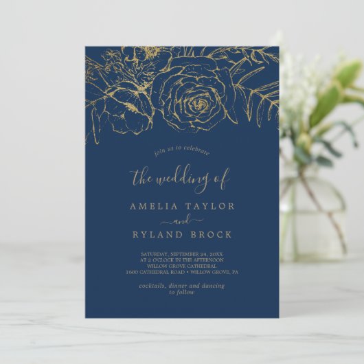 Gilded Floral | Navy Blue en Gold The Wedding of Kaart (Staand voorkant)