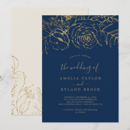 Gilded Floral | Navy Blue en Gold The Wedding of Kaart (Voorkant / Achterkant)