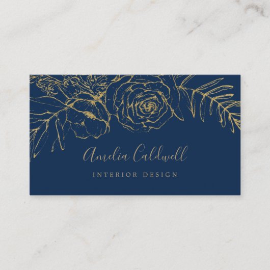 Gilded Floral | Navy Blue en Gold Visitekaartje (Voorkant)