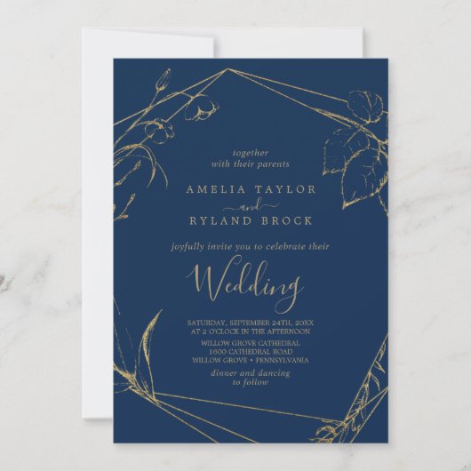 Gilded Floral | Navy Blue en Gold Wedding Kaart (Voorkant)