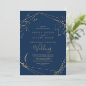 Gilded Floral | Navy Blue en Gold Wedding Kaart (Staand voorkant)