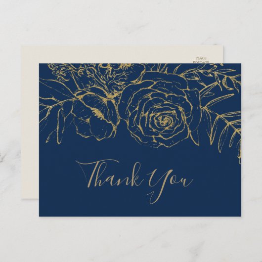 Gilded Floral Navy Blue & Gold Bedankt Briefkaart (Voorkant / Achterkant)