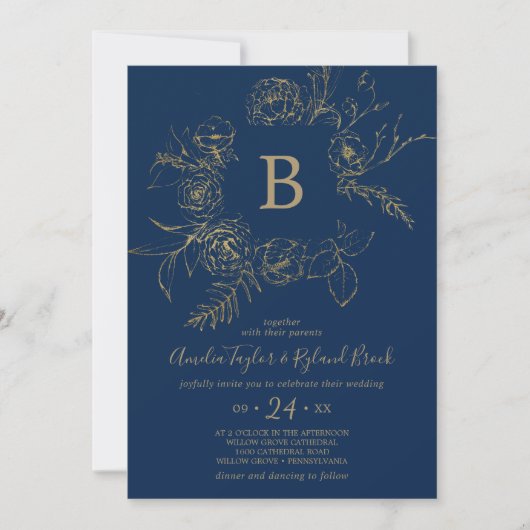 Gilded Floral | Navy Blue & Gold Monogram Weddensc Kaart (Voorkant)