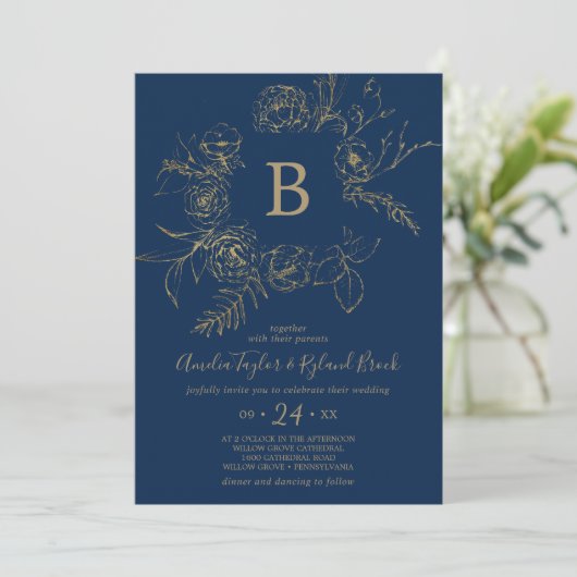 Gilded Floral | Navy Blue & Gold Monogram Weddensc Kaart (Staand voorkant)