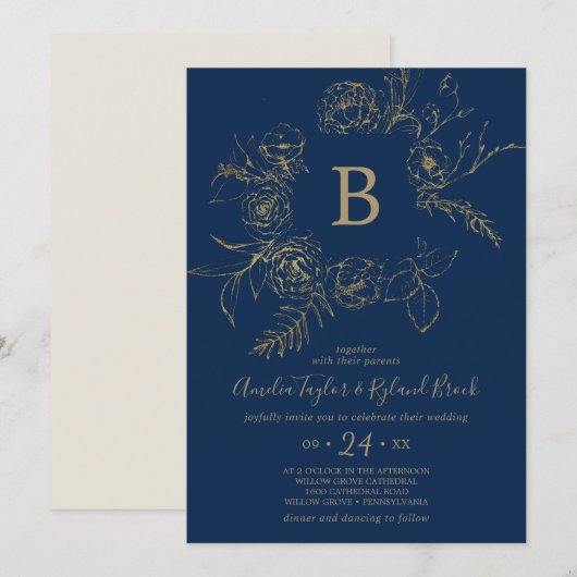 Gilded Floral | Navy Blue & Gold Monogram Weddensc Kaart (Voorkant / Achterkant)