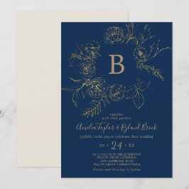 Gilded Floral | Navy Blue & Gold Monogram Weddensc Kaart