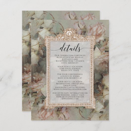 Gilded Floral Pink White Baroque Script Details Informatiekaartje (Voorkant / Achterkant)