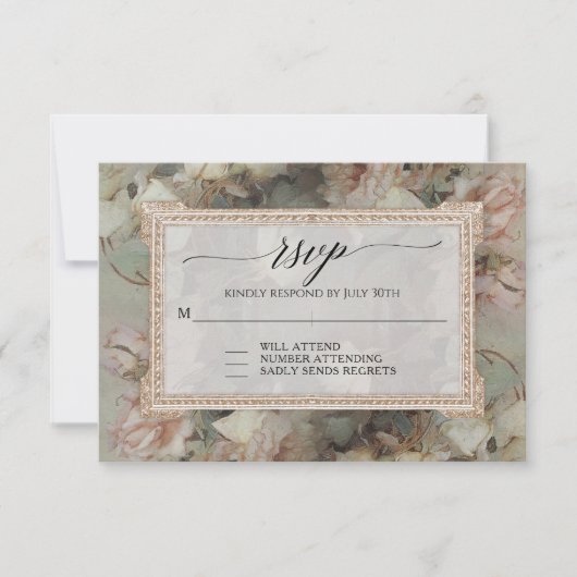 Gilded Floral  Pink White Roos Gold RSVP Kaartje (Voorkant)