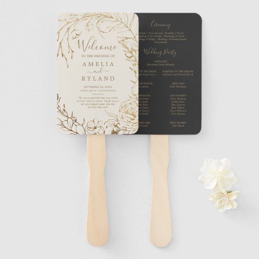 Gilded Floral | Programma Cream and Gold Wedding F Handwaaier (Voorkant en achterkant)