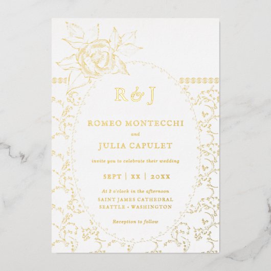 Gilded Floral Roos Front and Back Wedding Folie Uitnodiging (Voorkant)