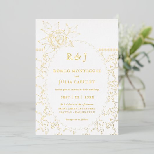 Gilded Floral Roos  Front and Back Wedding Folie Uitnodiging (Staand Voorkant)
