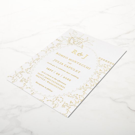 Gilded Floral Roos Front and Back Wedding Folie Uitnodiging (Gedraaid)