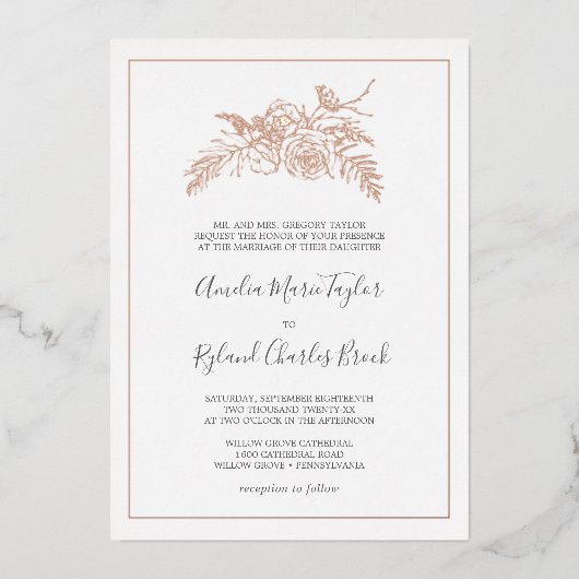 Gilded Floral | Roos Gold Foil Formal Wedding Folie Uitnodiging (Voorkant)
