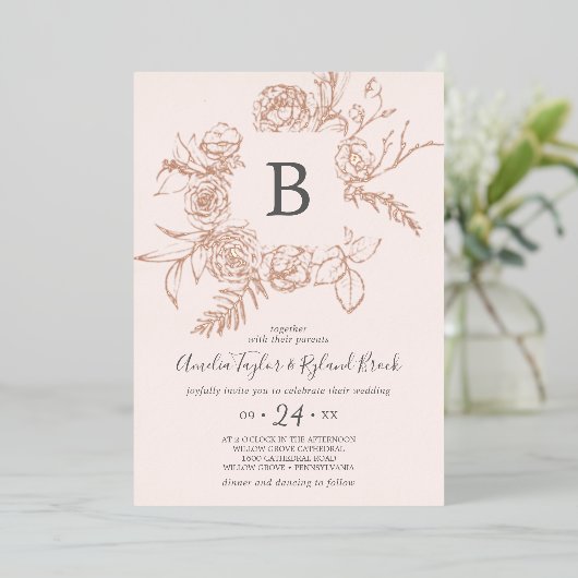 Gilded Floral Roos Gold Foil Pink Monogram Weddens Folie Uitnodiging (Staand Voorkant)