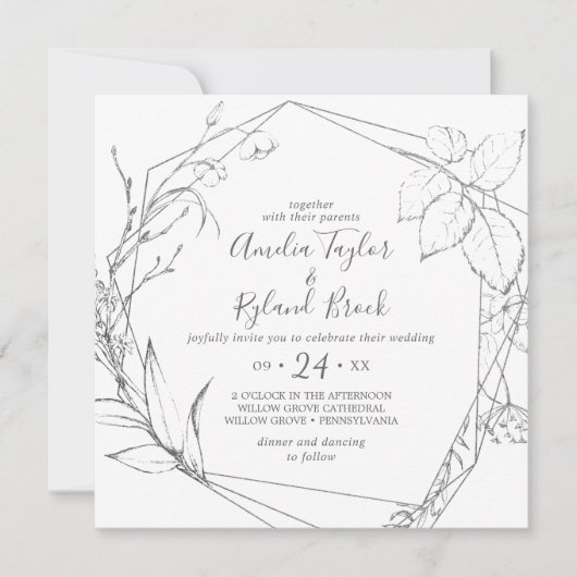 Gilded Floral | Zilver en wit in één bruiloft Kaart (Voorkant)