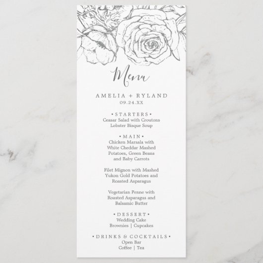 Gilded Floral | Zilver en wittebruin Menu (Voorkant)