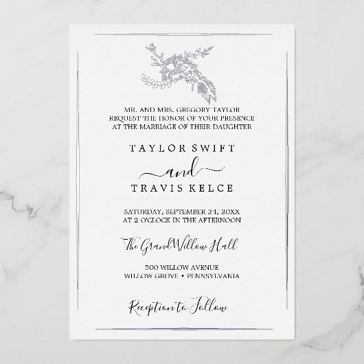 Gilded Floral | Zilver Foil Formal Wedding Folie Uitnodiging (Voorkant)