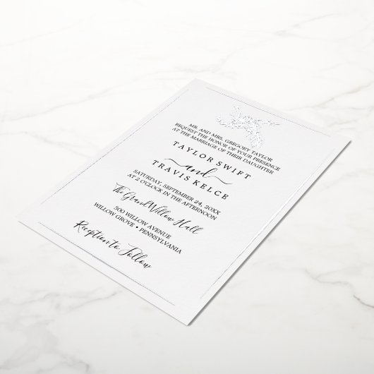 Gilded Floral | Zilver Foil Formal Wedding Folie Uitnodiging (Gedraaid)