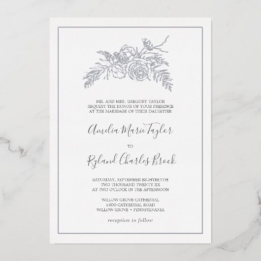 Gilded Floral | Zilver Foil Formal Wedding Folie Uitnodiging (Voorkant)