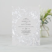 Gilded Floral | Zilver Foil Grey Casual Weddenscha Folie Uitnodiging (Staand Voorkant)