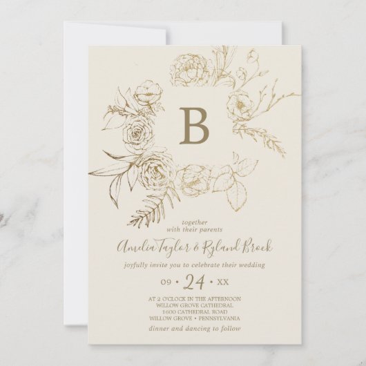 Gilded Floral | Zwemig en goudmonogram Kaart (Voorkant)