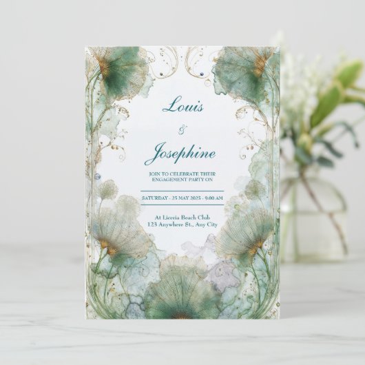 Gilded Ginkgo Art Nouveau Huwelijksuitnodiging Kaart (Staand voorkant)