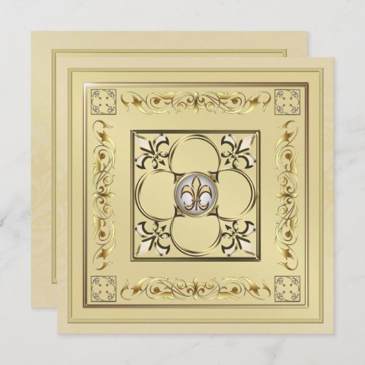 Gilded Gold Fleur De Lis Wedding Invitation Kaart (Voorkant / Achterkant)