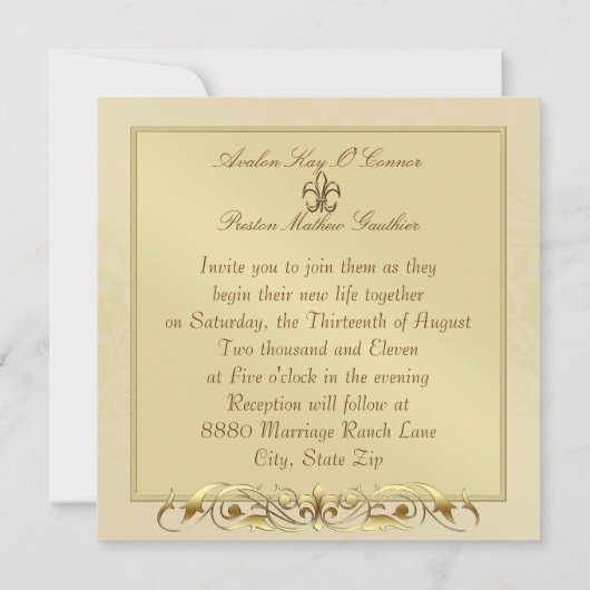 Gilded Gold Fleur De Lis Wedding Invitation Kaart (Achterkant)
