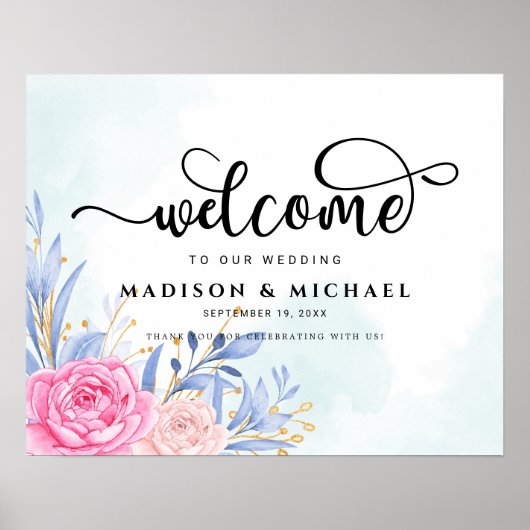 Gilded Gold Greenery Pink Wedding Welcome Sign Poster (Voorkant)