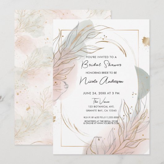 Gilded Gold Sage & Blush Botanical Bridal Shower Kaart (Voorkant / Achterkant)