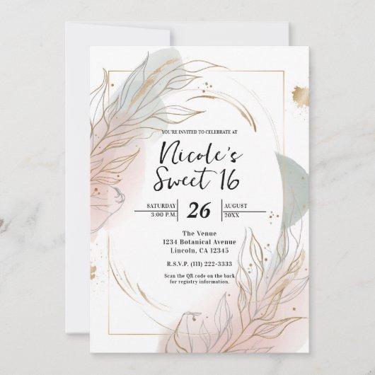 Gilded Gold Sage & Blush Botanical Sweet 16 Kaart (Voorkant)