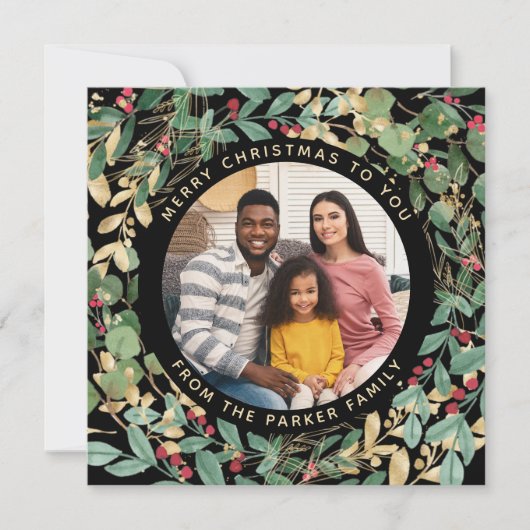 Gilded Greenery Black | Kerst met weiden en foto's Feestdagenkaart (Voorkant)