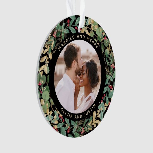 Gilded Greenery Black Married en Merry Two Photo Ornament (voorkant)