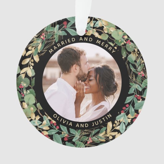 Gilded Greenery Black Married en Merry Two Photo Ornament (voorkant)