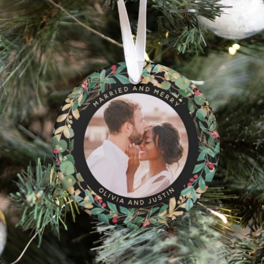 Gilded Greenery Black Married en Merry Two Photo Ornament