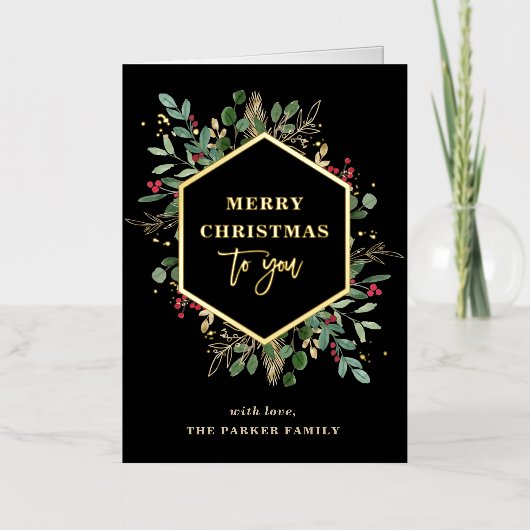 Gilded Greenery Black | Vroegere kerstgoud Folie Feestdagenkaart (Voorkant)