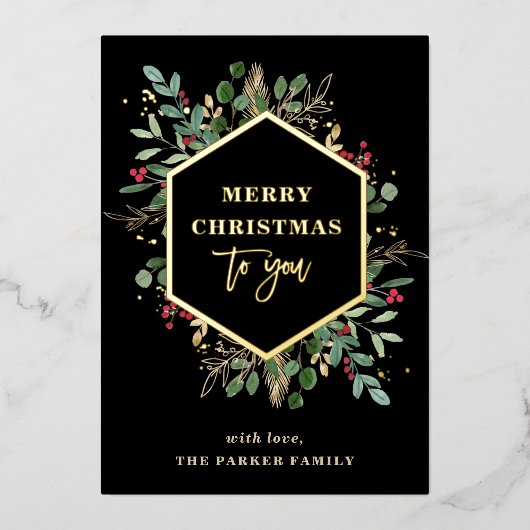 Gilded Greenery Foto terug | Vroegere kerstgoud Folie Feestdagenkaart (Voorkant)