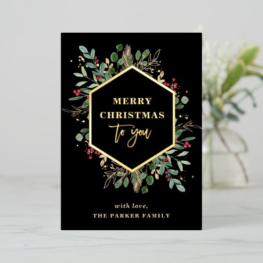 Gilded Greenery Foto terug | Vroegere kerstgoud Folie Feestdagenkaart (Staand Voorkant)
