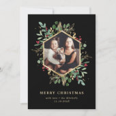 Gilded Greenery Geometric op Black Kerstfoto Feestdagenkaart (Voorkant)